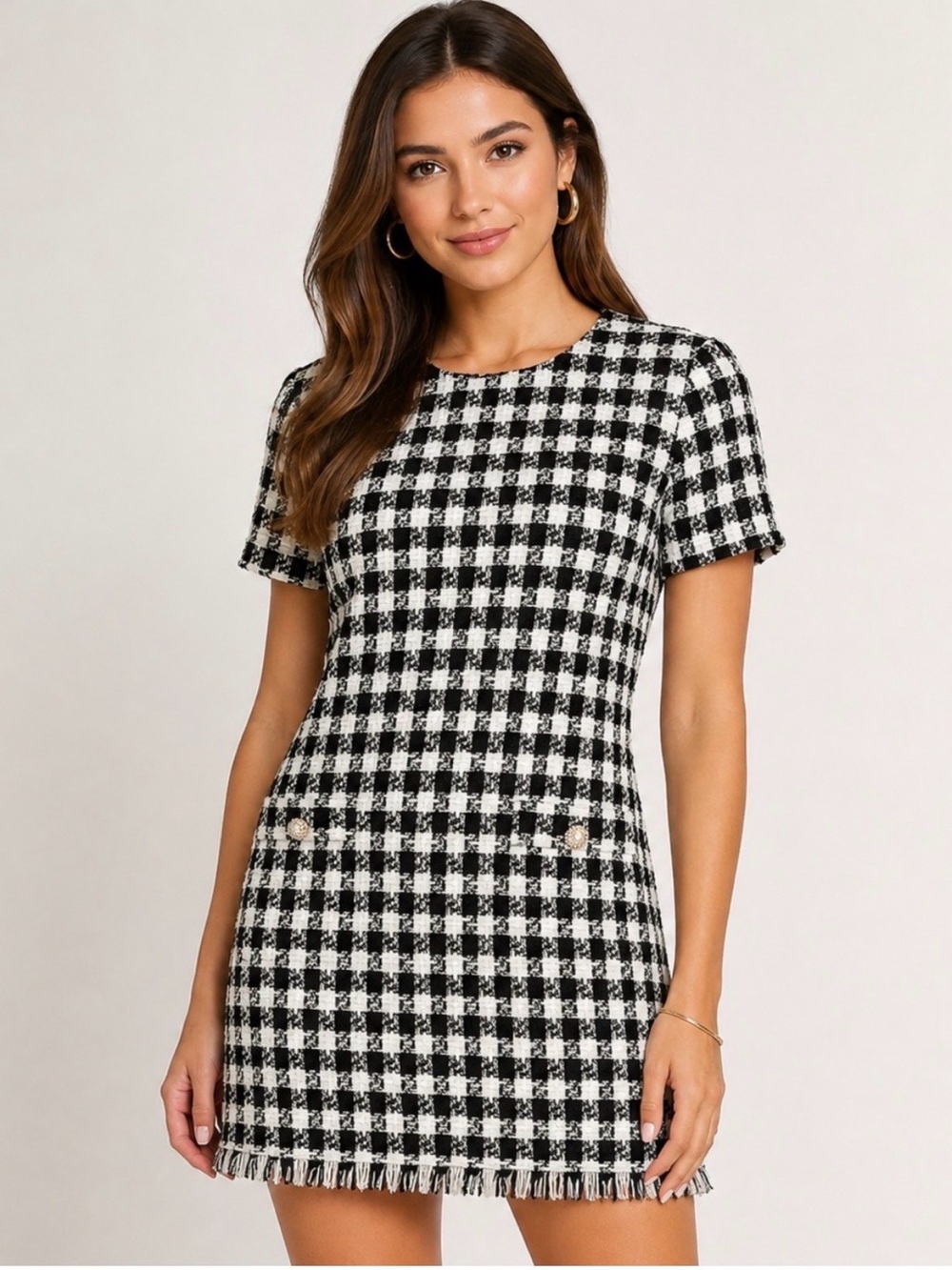 BeBop Black & White Houndstooth Short Sleeve Shift Dress